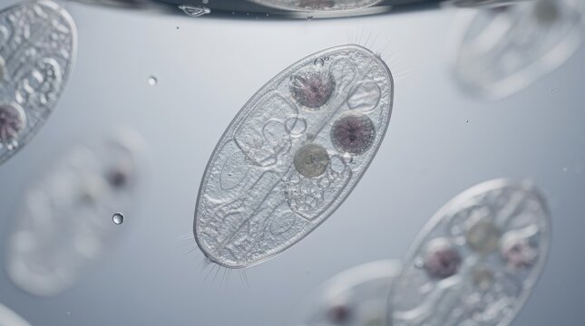 Microscopic view of transparent, oval-shaped microorganisms with internal structures floating in a fluid environment.