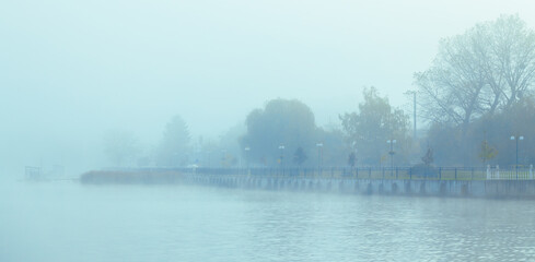 Fototapeta premium Misty waterfront city skyline with pier and trees shrouded in fog