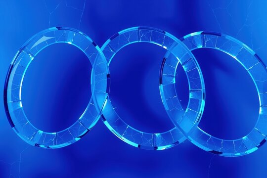 Five interlocking blue rings dominate image. Symbol represents global athletic competition, unity, spirit. Bright, vibrant colors present.