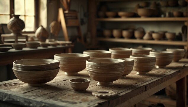 Unique pottery bowls crafted by hand drying before firing in artisan studio