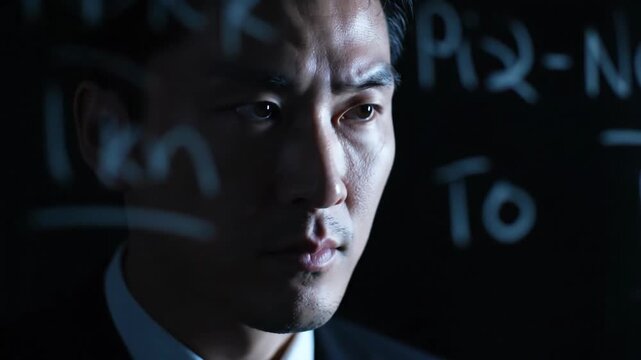 Focused Asian businessman studies notes on a dark board at night while contemplating strategy and solutions