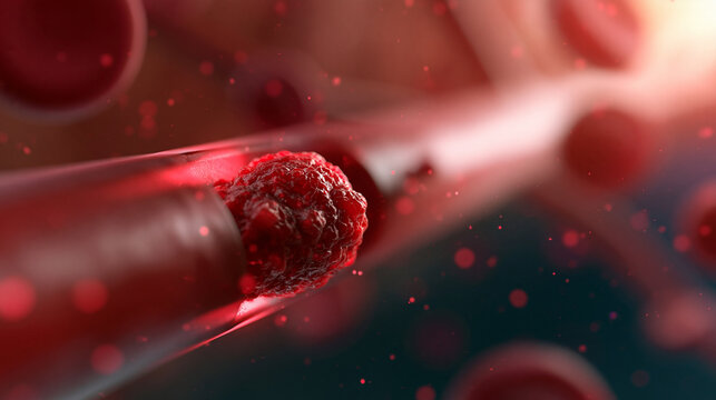 3D illustration of a blood clot inside a human artery with red blood cells visible throughout the vessel, detailed medical visualization, defocused vessel wall in background,