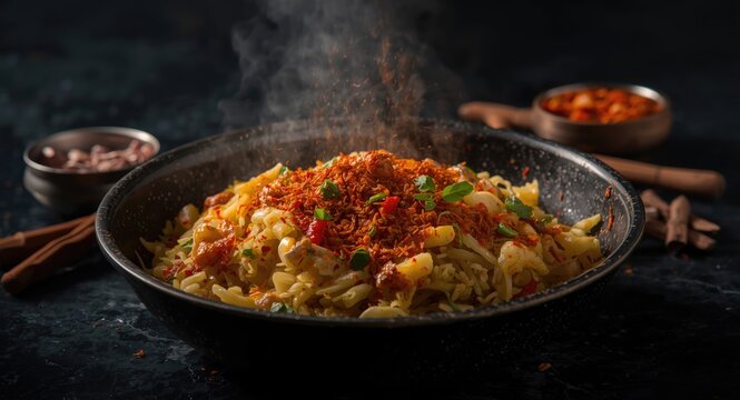 Preparing aromatic Indian vegetable biryani with vibrant spices on a dark backdrop
