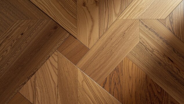 Natural hardwood parquet flooring with chevron design and fragment of wood panel