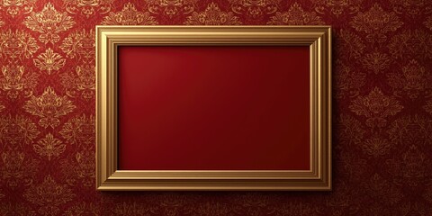 Fototapeta premium Sophisticated photo frame in gold against a warm red with gold decorative backdrop