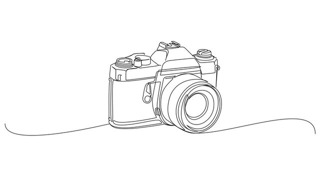 animated continuous line drawing of a classic vintage photo camera, minimalist SLR camera body and lens line art animation