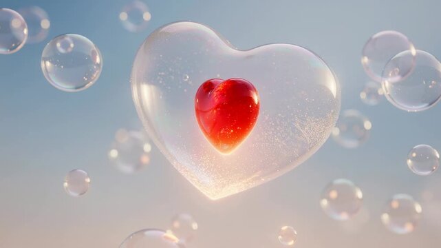 Floating transparent heart bubbles with glowing red heart inside against soft blue sky background