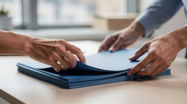 Two people sorting through a stack of blue folders on a desk in a bright office environment.