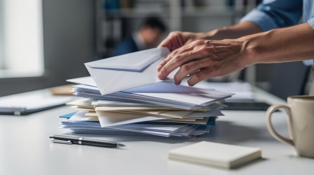 Hands sorting through a large stack of envelopes and papers on a white office desk with a coffee cup nearby.