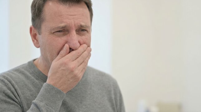 Middle aged man yawning feeling sleepy or bored at work dirty teeth
