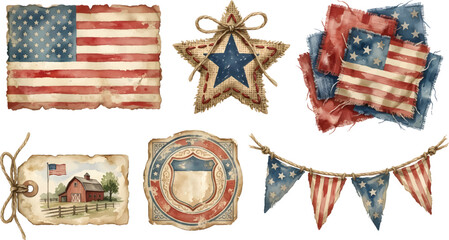 Fototapeta premium Vector Illustration Vintage Americana Watercolor Clipart Set with USA Flag, Rustic Barn and Patriotic Decorations