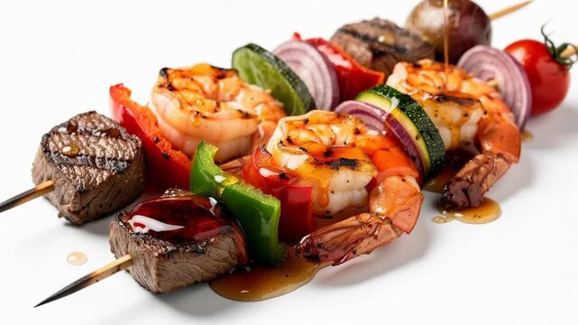 Delicious grilled surf and turf skewers with shrimp beef vegetables and sauce on white background