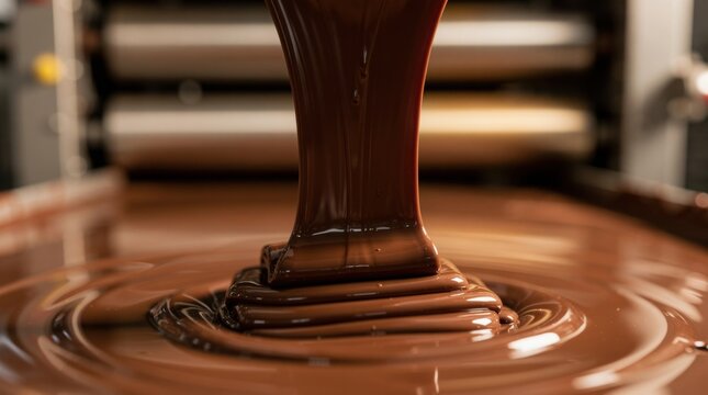 Smooth, melted chocolate is being poured, creating a glossy swirl on a flat surface in a close-up view of a chocolate-making process.