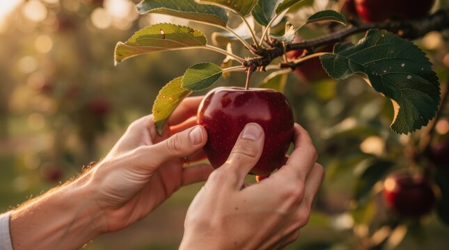 Hands gently pick a ripe red apple from a tree branch in a sunlit orchard during harvest time.