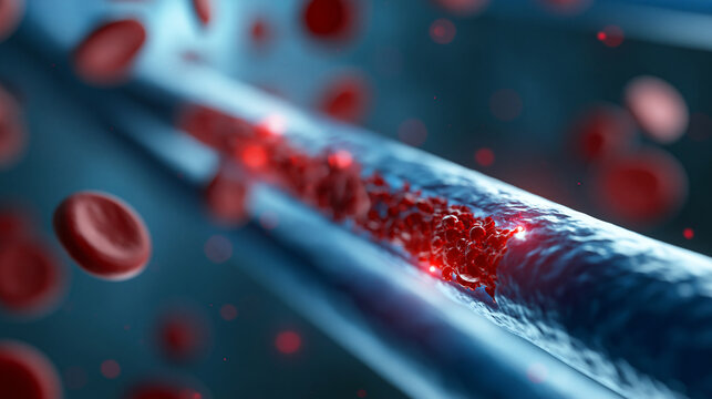 3D illustration of blood clotting inside a human artery, detailed anatomical visualization showing thrombus development and blood cell interaction, defocused arterial wall in