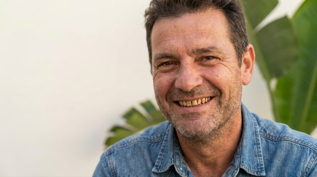 Friendly Mature Man Smiling Outdoors in a Casual Denim Shirt dirty teeth