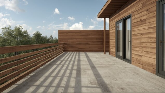 Modern wooden deck with concrete flooring and trees outside