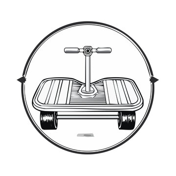 Line art illustration of a waveboard or caster board with a handlebar inside a circular frame
