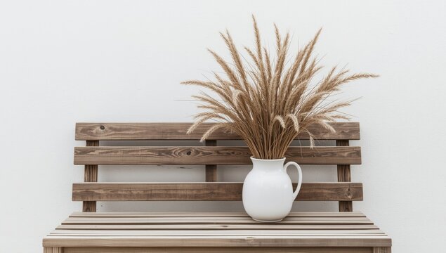 Summer fall still life of rabbit tail grass and lagurus in porcelain vase on wooden bench with white wall and copyspace
