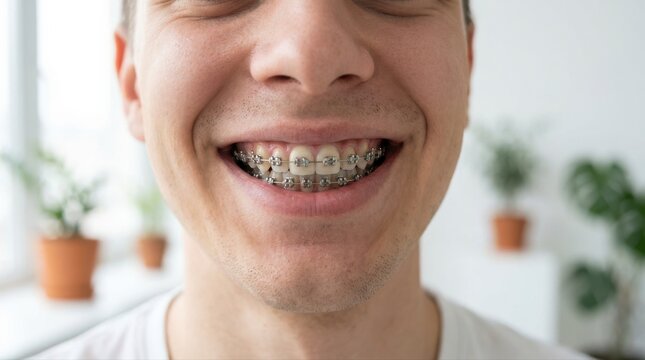Close Up Shot of a Happy Young Man Showing Teeth with Metal Dental Braces dirty teeth