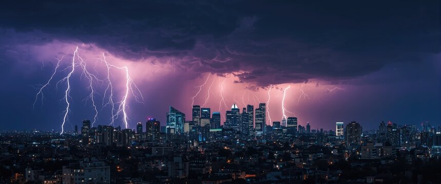 Lightning striking over a city skyline during a storm