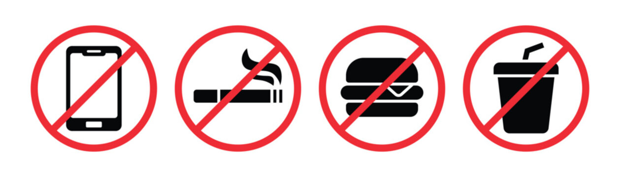 No eating and drinking icons, no mobile phone usage zone symbols, no smoking prohibition signs, restricted and banned activity concepts, clean vector design elements for signage, workplaces
