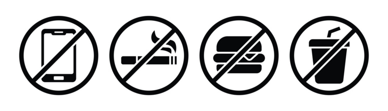 No eating and drinking icons, no mobile phone usage zone symbols, no smoking prohibition signs, restricted and banned activity concepts, clean vector design elements for signage, workplaces