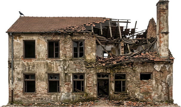 An old dilapidated brick house with a partially collapsed roof and broken windows showing signs of decay building destroyed abandoned transparent background