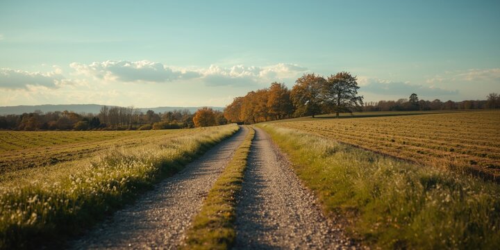 Quiet countryside landscape with a gravel pathway winding through rich green meadows and faraway trees beneath a bright sky and copy space