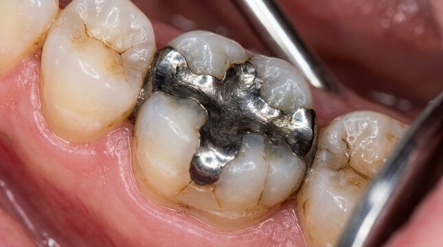 Dental Macro View of a Molar Tooth with Metal Amalgam Filling dirty teeth