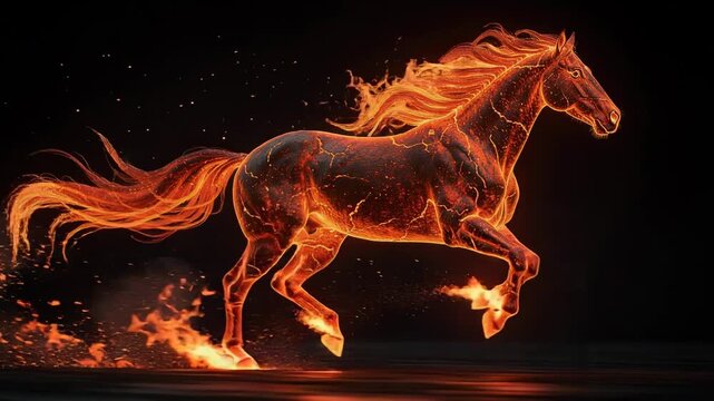 Fiery horse running with glowing lava cracks and flames on dark background vibrant energy concept