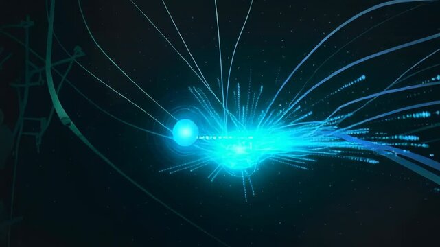 Futuristic digital network with glowing blue spheres and hexagonal grid background illustrating data flow and technology