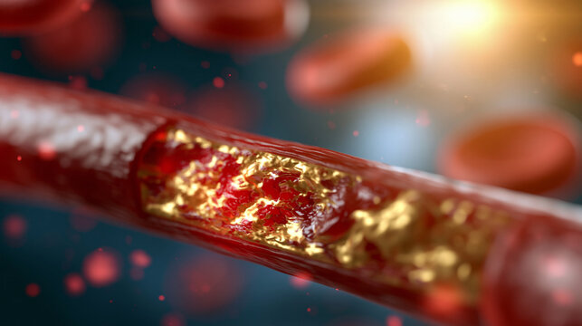 3D illustration of a blood vessel with fat accumulation along the interior walls showing how fatty deposits restrict blood flow, defocused vessel interior in background, fat