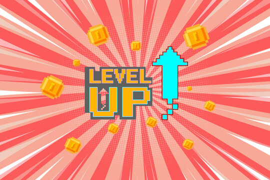 Level up. 8-bit pixel art. Retro game. Vector illustration in the games category. Retro speed line background.