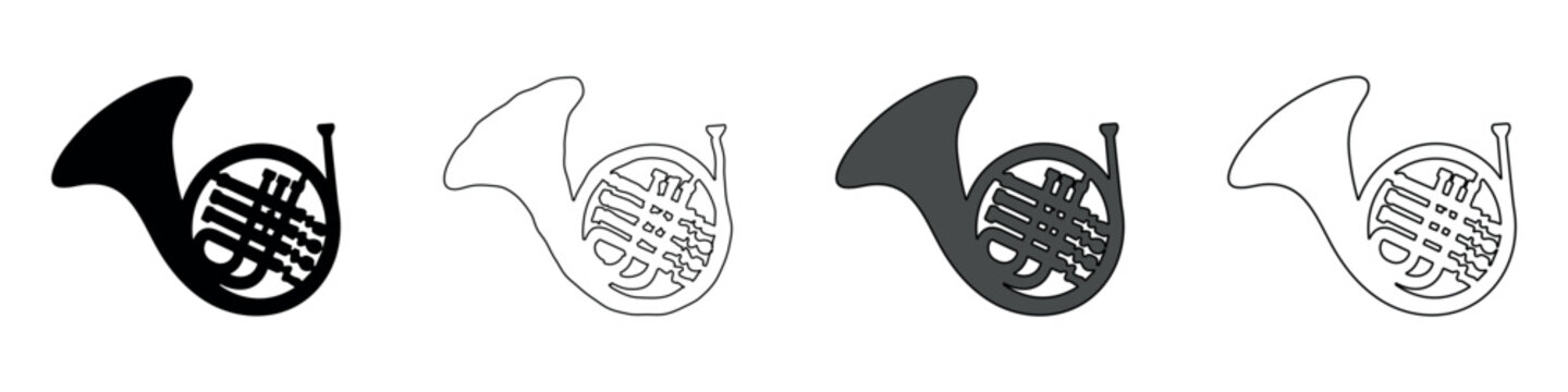 Collection of French horn icons in silhouette and outline styles