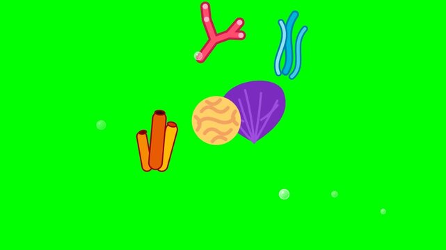 Cartoon sea coral and shell icons with bubbles on green screen background.
