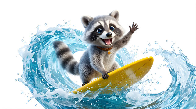 Cute Happy Cartoon Raccoon Surfing on Yellow Surfboard Riding Ocean Wave. raccoon, surfing, cartoon, animal, surfboard, ocean wave, cute, 3d character,  png, happy raccoon, surfing raccoon, cartoon