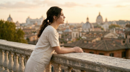 Naklejka premium Thoughtful young woman leaning on stone balcony terrace overlooking historic Rome cityscape representing future vision and relaxation