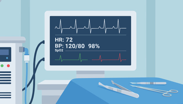 Medical monitor displays vital signs of heart rate and blood pressure above sterile surgical tools in an operating room.