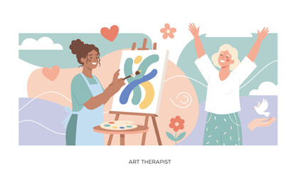 Fototapeta premium Happy women participating in an art therapy session with colorful abstract painting, creative expression, and mental healing.