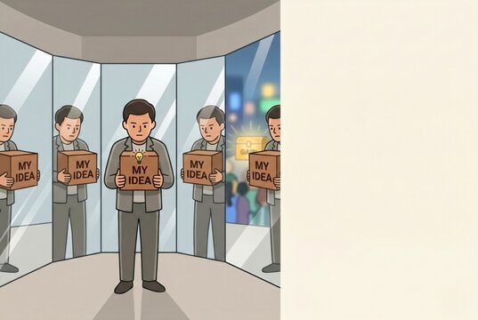 Businessman Standing with Idea Box in Front of Mirrors with Copy Space representing Innovation and Trapped Thoughts