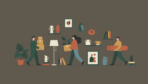 Group of diverse friends helping each other move into a new house with cardboard boxes and furniture items.