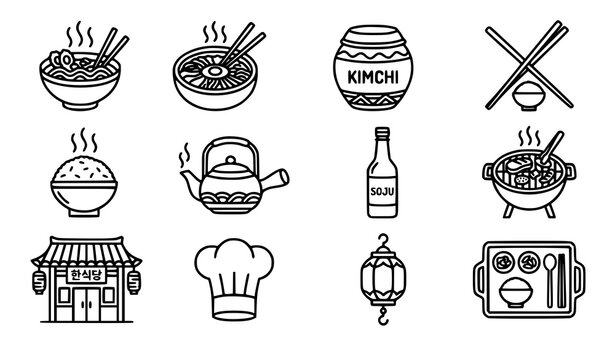 Korean Restaurant and Asian Cuisine Outline Icon Set Flat Vector for 4K Motion Graphics