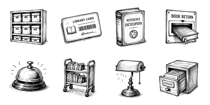 Library services sketch icon collection in black. Set of catalogs, books and information access icons in doodle style