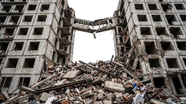 Destroyed multi story residential building with gaping windows and collapsed structure filled with debris destruction rubble damage transparent background