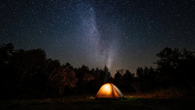 Vertical angle of a campsite glowing warmly under a clear and magnificent starry sky