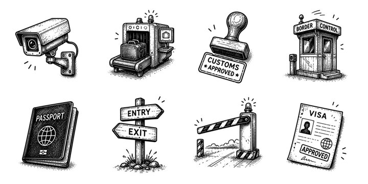 Border control sketch icon collection in black. Set of customs, visas and checkpoint security icons in doodle style