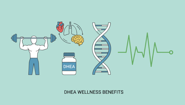 Healthy man lifting weights symbolizes physical and mental benefits of DHEA hormone supplements on vital organs and genetics.