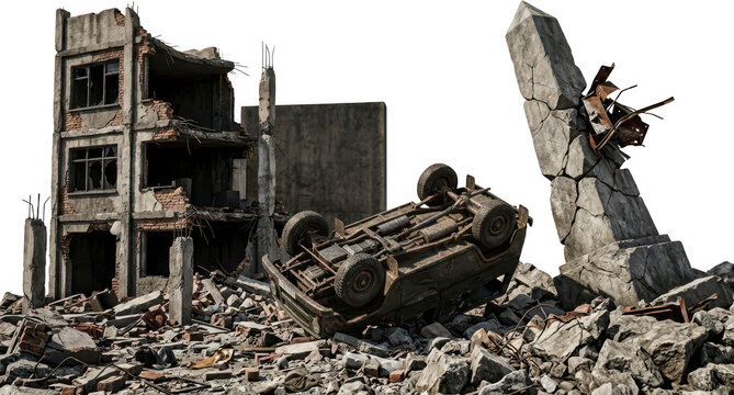 Collapsed building ruins with an overturned car amidst rubble and debris depicting devastation destruction war disaster wreckage destroyed transparent background