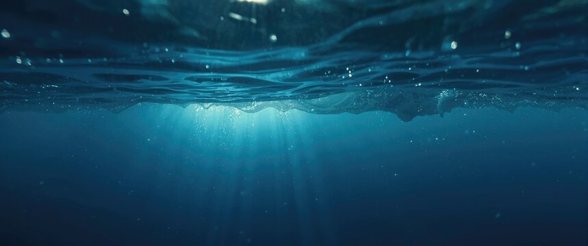 Underwater surface with light rays shining through water